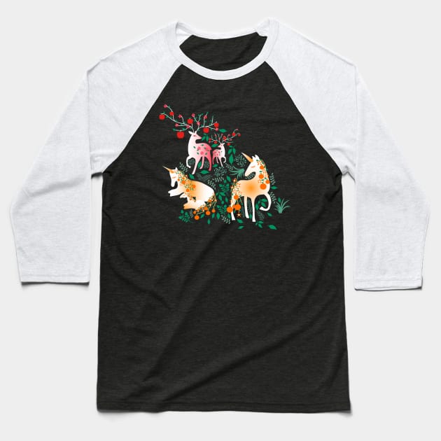 Once Upon a Time- Mystical Woodland with Apple Deers and Orange Unicorns Baseball T-Shirt by Winkeltriple